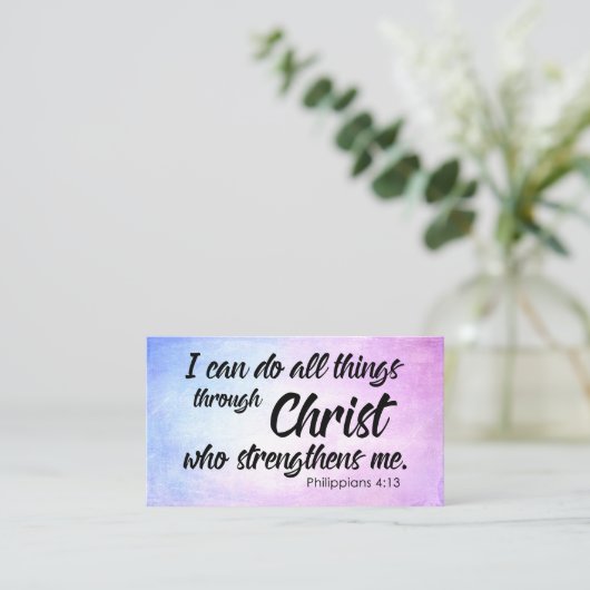 Roze en Blauwe Grunge Philippians 4:13 Manuscript Visitekaartje (Staand voorkant)