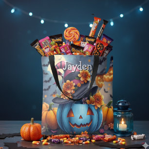 Roze en blauwe Halloween pompoen gepersonaliseerd Tote Bag