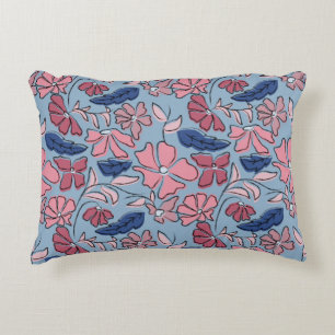 Roze en Blauwe Hand Getrokken Bloemen Block Print Accent Kussen