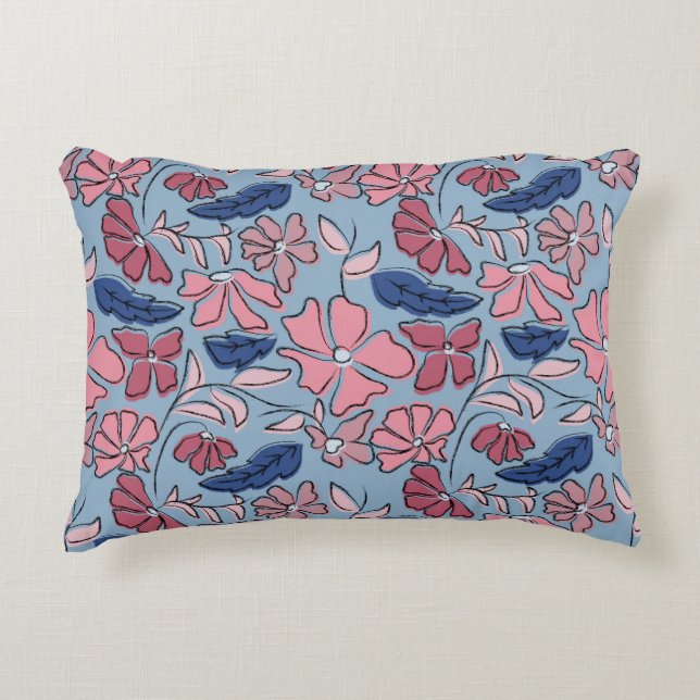 Roze en Blauwe Hand Getrokken Bloemen Block Print Accent Kussen (Voorkant)