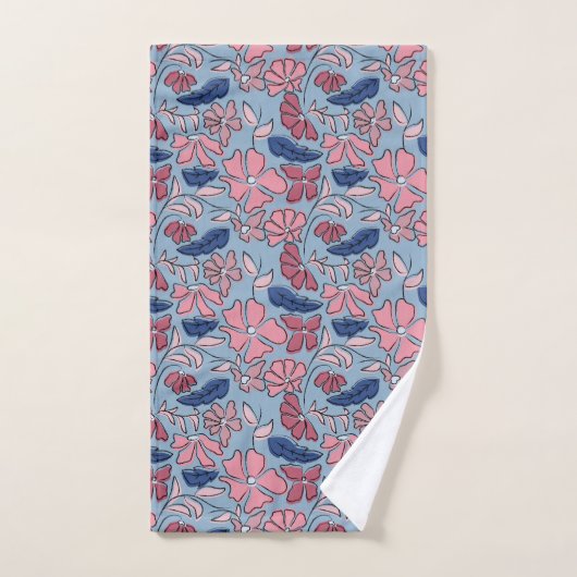 Roze en Blauwe Hand Getrokken Bloemen Block Print Bad Handdoek (Handdoek)