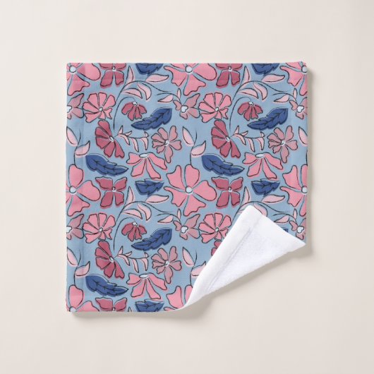 Roze en Blauwe Hand Getrokken Bloemen Block Print Bad Handdoek (Wasdoekje)