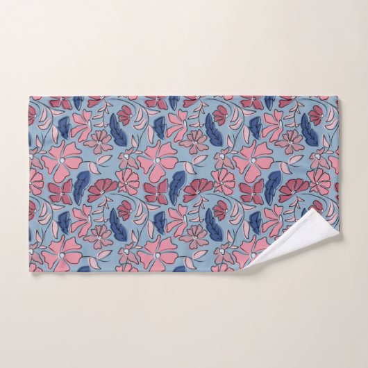Roze en Blauwe Hand Getrokken Bloemen Block Print Bad Handdoek (Handdoek)