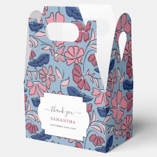 Roze en Blauwe Hand Getrokken Bloemen Block Print Bedankdoosjes (Geopend)