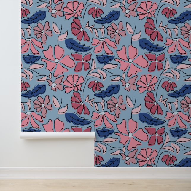 Roze en Blauwe Hand Getrokken Bloemen Block Print Behang (Applicatie)