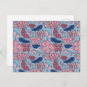 Roze en Blauwe Hand Getrokken Bloemen Block Print Briefkaart (Voorkant / Achterkant)