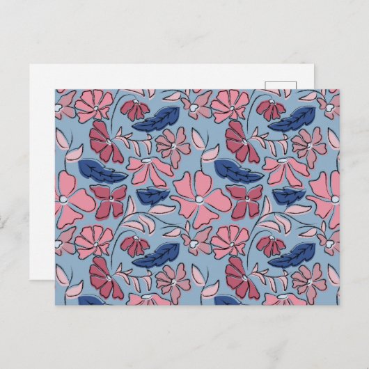 Roze en Blauwe Hand Getrokken Bloemen Block Print Briefkaart (Voorkant / Achterkant)