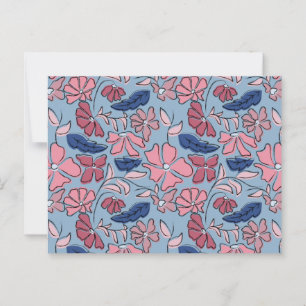 Roze en Blauwe Hand Getrokken Bloemen Block Print Briefkaart