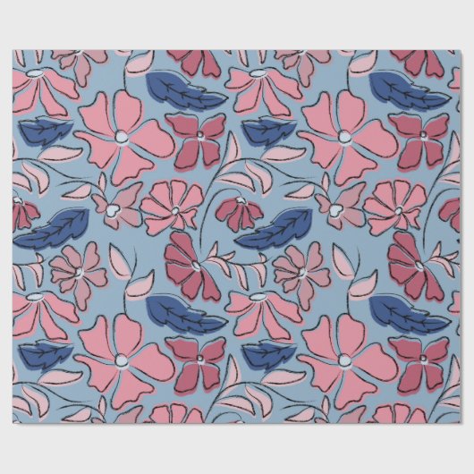 Roze en Blauwe Hand Getrokken Bloemen Block Print Cadeaupapier (Vlak)