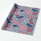 Roze en Blauwe Hand Getrokken Bloemen Block Print Cadeaupapier (Uitgerold)