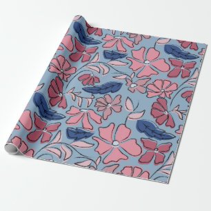 Roze en Blauwe Hand Getrokken Bloemen Block Print Cadeaupapier
