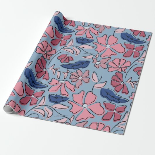 Roze en Blauwe Hand Getrokken Bloemen Block Print Cadeaupapier (Uitgerold)