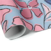 Roze en Blauwe Hand Getrokken Bloemen Block Print Cadeaupapier (Rol Hoek)
