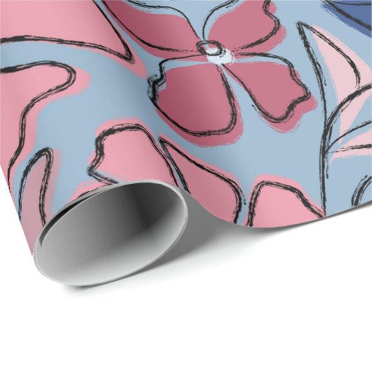 Roze en Blauwe Hand Getrokken Bloemen Block Print Cadeaupapier (Rol Hoek)