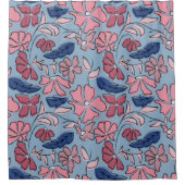 Roze en Blauwe Hand Getrokken Bloemen Block Print Douchegordijn (Voorkant)