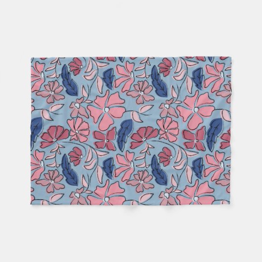Roze en Blauwe Hand Getrokken Bloemen Block Print Fleece Deken (Voorkant (Horizontaal))