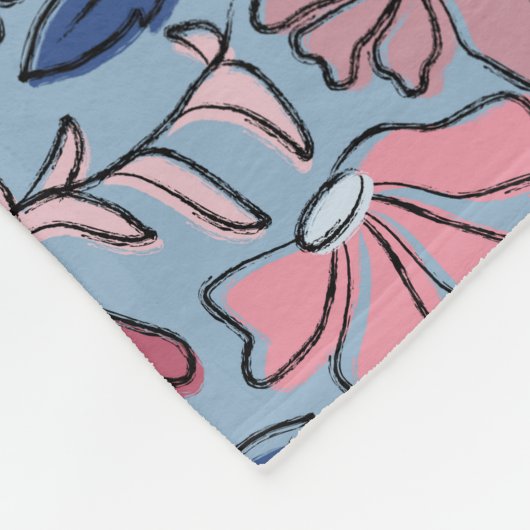 Roze en Blauwe Hand Getrokken Bloemen Block Print Fleece Deken (Hoek)