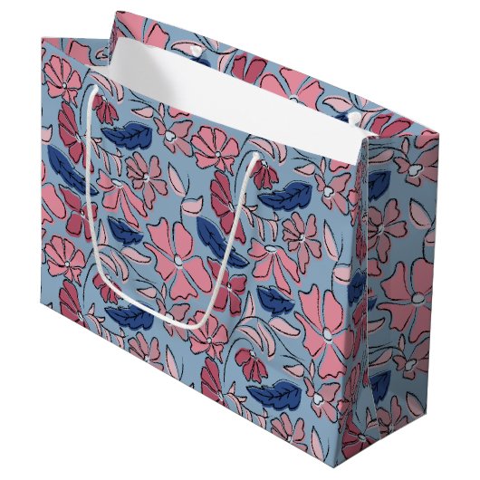 Roze en Blauwe Hand Getrokken Bloemen Block Print Groot Cadeauzakje (Voorkant Gekanteld)