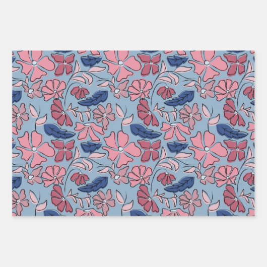 Roze en Blauwe Hand Getrokken Bloemen Block Print Inpakpapier Vel (Voorkant 3)