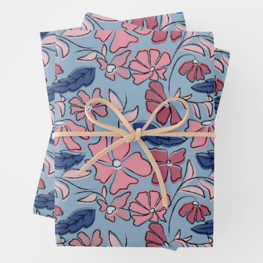 Roze en Blauwe Hand Getrokken Bloemen Block Print Inpakpapier Vel (In situ)
