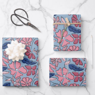 Roze en Blauwe Hand Getrokken Bloemen Block Print Inpakpapier Vel