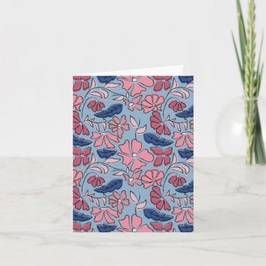Roze en Blauwe Hand Getrokken Bloemen Block Print Kaart (Voorkant)