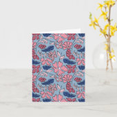 Roze en Blauwe Hand Getrokken Bloemen Block Print Kaart (Gele Bloem)