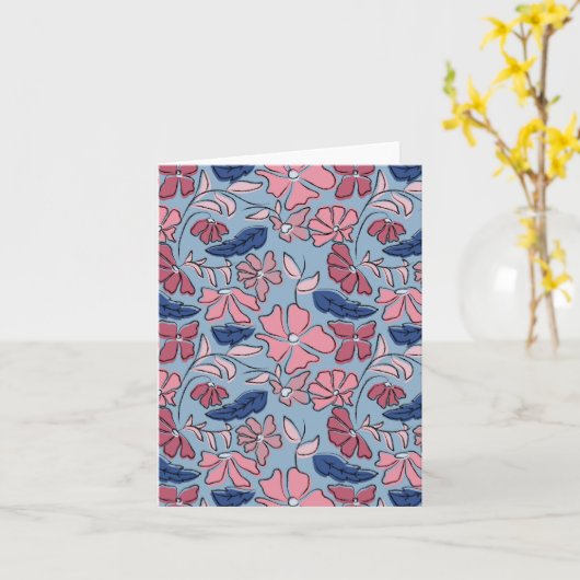 Roze en Blauwe Hand Getrokken Bloemen Block Print Kaart (Gele Bloem)