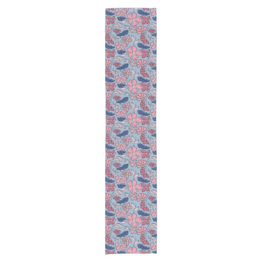 Roze en Blauwe Hand Getrokken Bloemen Block Print Korte Tafelloper (Voorkant)