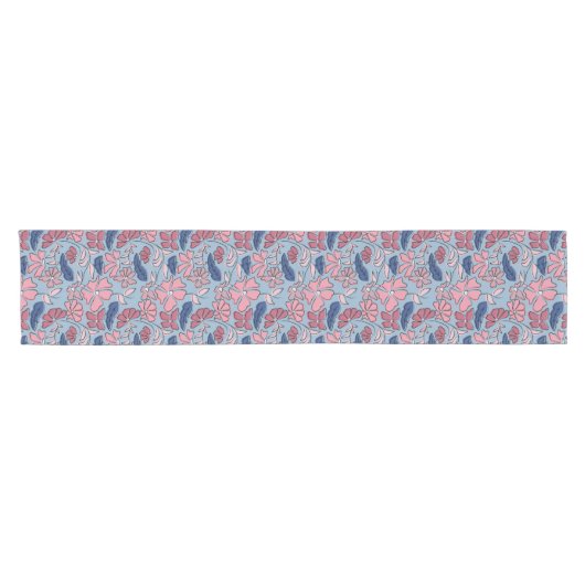 Roze en Blauwe Hand Getrokken Bloemen Block Print Korte Tafelloper (Horizontaal)