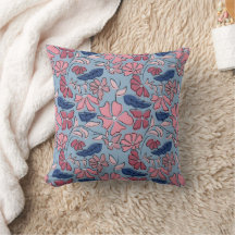 Roze en Blauwe Hand Getrokken Bloemen Block Print