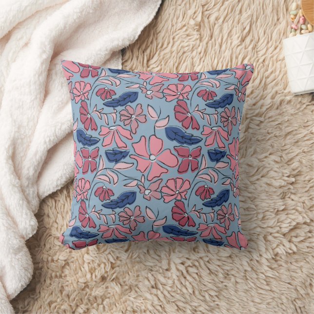 Roze en Blauwe Hand Getrokken Bloemen Block Print Kussen (Deken)