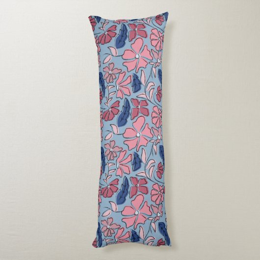Roze en Blauwe Hand Getrokken Bloemen Block Print Lichaamskussen (Achterkant (Verticaal))