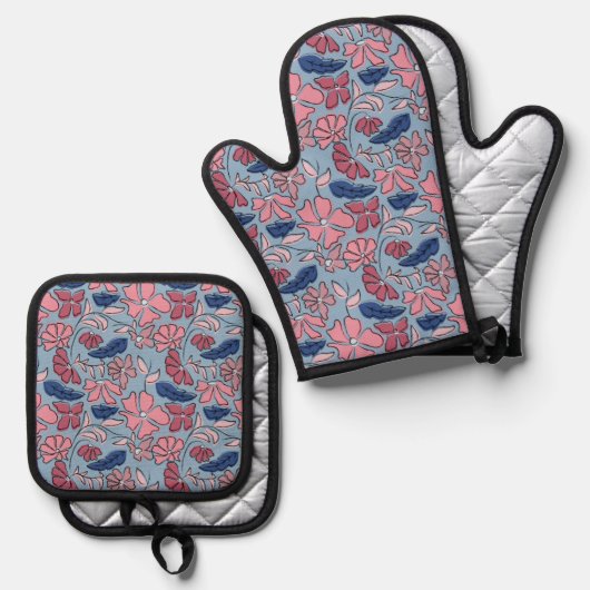 Roze en Blauwe Hand Getrokken Bloemen Block Print Ovenwant & Pannenlap Set (Voorkant / Achterkant)