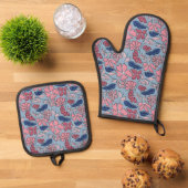 Roze en Blauwe Hand Getrokken Bloemen Block Print Ovenwant & Pannenlap Set (Top down)