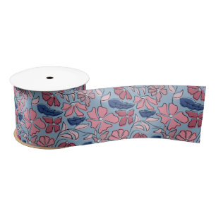 Roze en Blauwe Hand Getrokken Bloemen Block Print Satijnen Lint