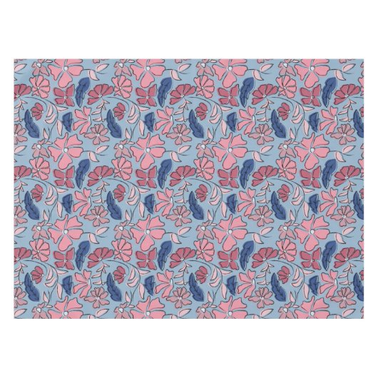 Roze en Blauwe Hand Getrokken Bloemen Block Print Tafelkleed (Voorkant (Horizontaal))