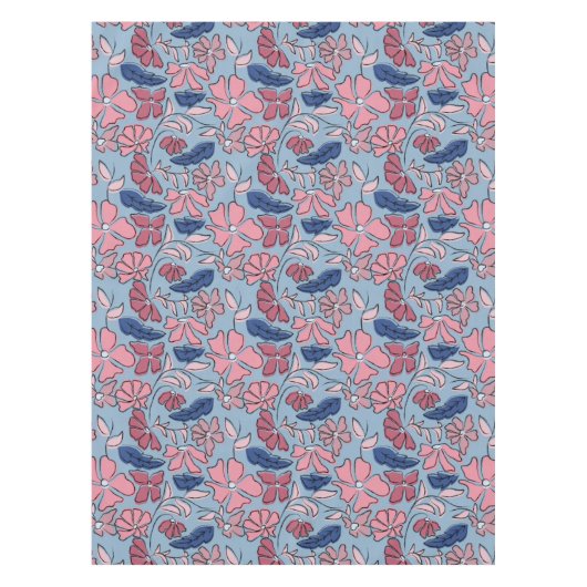 Roze en Blauwe Hand Getrokken Bloemen Block Print Tafelkleed (Voorkant)