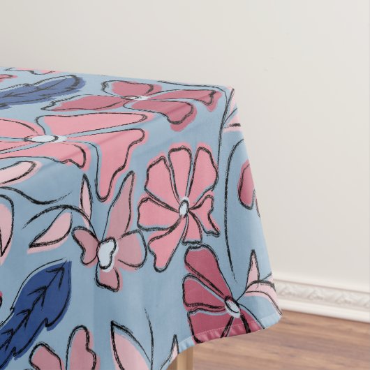 Roze en Blauwe Hand Getrokken Bloemen Block Print Tafelkleed (Voorbeeld)