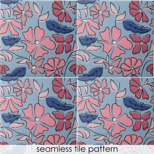 Roze en Blauwe Hand Getrokken Bloemen Block Print Tegeltje