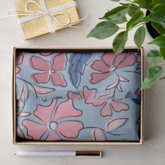 Roze en Blauwe Hand Getrokken Bloemen Block Print Tissuepapier (Geschenk)