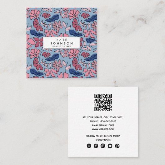 Roze en Blauwe Hand Getrokken Bloemen Block Print Vierkante Visitekaartje (Voorkant / Achterkant)