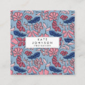 Roze en Blauwe Hand Getrokken Bloemen Block Print Vierkante Visitekaartje (Voorkant)