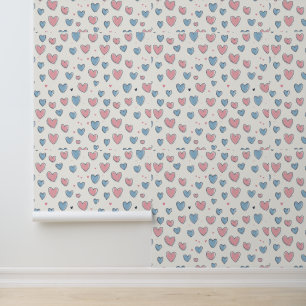 Roze en Blauwe Hand-Getrokken Harten Patroon Behang