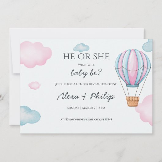 Roze en Blauwe Hete Luchtballon Geslacht Onthullen Kaart (Voorkant)