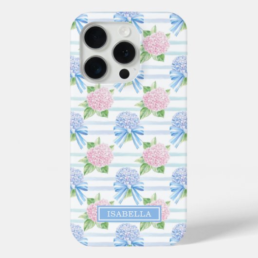 Roze en Blauwe Hortensia Gestreepte Case-Mate iPhone Case (Achterkant)