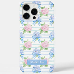 Roze en Blauwe Hortensia Gestreepte iPhone 16 Pro Max Hoesje