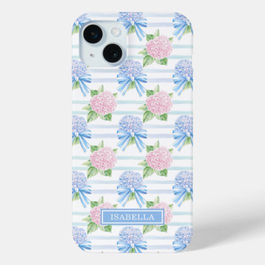 Roze en Blauwe Hortensia Gestreepte Case-Mate iPhone Case (Achterkant)