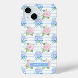 Roze en Blauwe Hortensia Gestreepte iPhone 15 Case