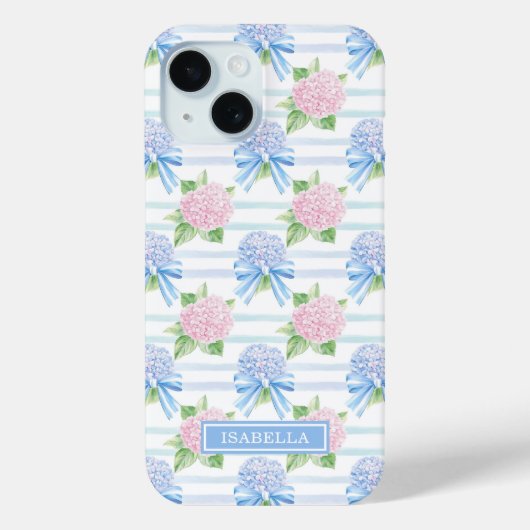 Roze en Blauwe Hortensia Gestreepte Case-Mate iPhone Case (Achterkant)